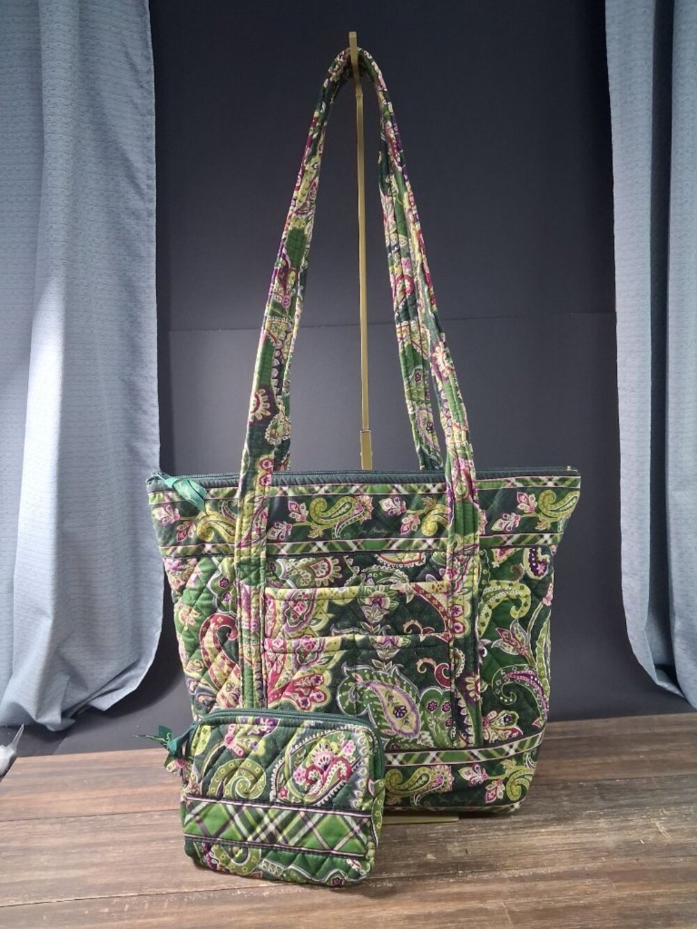 Vera Bradley Villager Tote Bag & Pouch Chelsea Green Paisley Quilted Cotton Vint
